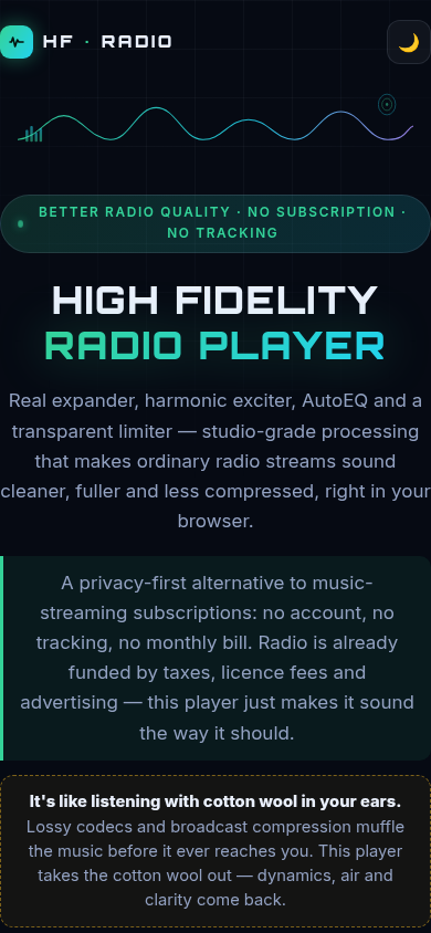 High Fidelity Radio Player running on a phone with presets and meters, with no account or tracking required